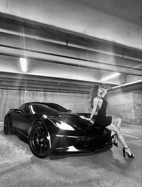 Woman posed on the hood of a C7 corvette Poses With Sports Cars, Sport Car Photoshoot, Corvette Model Photoshoot, On Top Of Car Photoshoot, Car Shooting Girl, Luxury Car Photoshoot, Sports Car Photoshoot, Photo Ideas With Car, Car Pictures Instagram Baddie