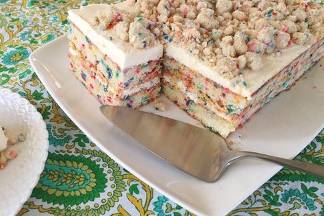 Unique Sheet Cakes, Healthier Birthday Cake, Birthday Cake Sheet Cakes, Layered Sheet Cake, Rice Krispy Cake, Milk Bar Recipes, Milk Bar Birthday Cake, Birthday Sheet Cake, Christina Tosi