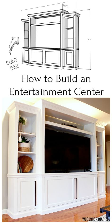 Build your own DIY entertainment center and TV console media center with this tutorial video and printable PDF plans!  This gorgeous piece has open shelving, cabinet storage, and room for a 60" wide TV!  These building plans walk you through the entire process so you can build your own! Build Ins, Farmhouse Entertainment Center, Tv Center, Tv Built In, Built In Entertainment Center, Built In Shelves Living Room, Building Inspiration, Diy Entertainment, Living Room Wall Units