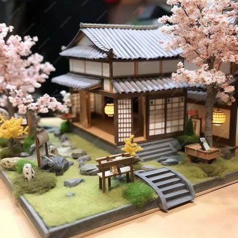 Premium AI Image | There is a miniature model of a japanese house with a garden generative ai Mini House Design Ideas, Japanese House Diorama, House Miniature Ideas, Japanese Miniature House, House Models Design, Cute Japanese House, Miniature Houses Model, Japanese Greenhouse, Japanese Houses Traditional