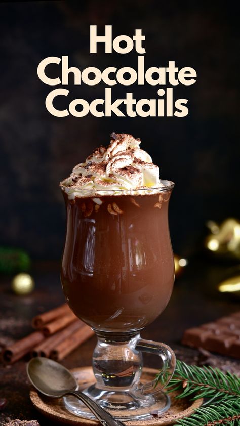 One of the greatest pleasures of the holiday season is indulging in a yummy, boozy beverage. The best festive cocktails incorporate popular seasonal flavors and give the drinker a warm, cozy feeling. For the ultimate winter treat, try making a cocktail with hot chocolate.  Hot chocolate cocktails are sweet and decadent. Depending on the recipe, hot chocolate cocktails can work well for a family-friendly event or a night out with pals.  via @mybartender Chocolate Monkey Drink, Hot Chocolate With Whiskey, Hot Chocolate Liquor Drinks, Booze Hot Chocolate, Hot Cocoa Martini, Special Hot Chocolate, Specialty Hot Chocolate, Hot Chocolate Drinks With Alcohol, Hot Chocolate Cocktail Recipes