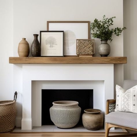 White Fireplace Natural Wood Mantle, Faux Modern Fireplace, Fireplace Mantle Living Room, Open Hearth Fireplace Modern, White Fireplace Styling, Scandinavian Fireplace Mantel, Scandinavian Fireplace Decor, Modern Fireplace With Wood Mantle, Fireplace Inspo Mantels