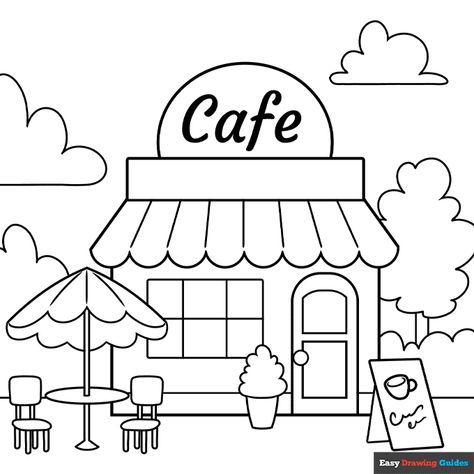 Free printable cafe coloring page Cafe Coloring Pages, Kids Cafe, Book Cafe, Printable Coloring Sheets, Easy Coloring Pages, Drawing Tutorial Easy, Coloring Tutorial, Coloring Pages To Print, Sketches Easy