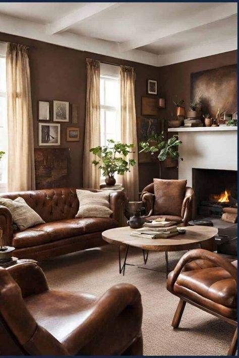 Leather adds texture and can bring the room together Living Rooms With Leather Furniture, Moody Living Room Designs, Brown Cream Living Room, Rustic Apartment Aesthetic, Leather Furniture In Living Room, Brown Couch Aesthetic, Warm Living Room Aesthetic, Chocolate Brown Living Room, Brown Tones Living Room