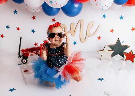 July First Birthday, First Birthday Fourth Of July Theme, Fourth Of July First Birthday Girl, Red White And One First Birthday, 4th Of July Themed 1st Birthday Party, Memorial Day First Birthday Party Ideas, 4th Of July Photo Shoot Baby, 1st Birthday 4th Of July Theme, 4th Of July First Birthday Girl