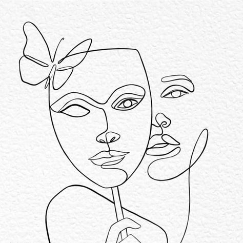 LINEIN_ONELINEART | IDN 🇮🇩 on Instagram: "Woman and a mask" One Line Tattoo Face, Masks Tattoo Design, Two Face Tattoo Mask, Mask Tattoos For Women, Drama Masks Tattoo, Women Face Outline Art, Two Faces Tattoo, Head Outline Tattoo, Tattoo Woman Face