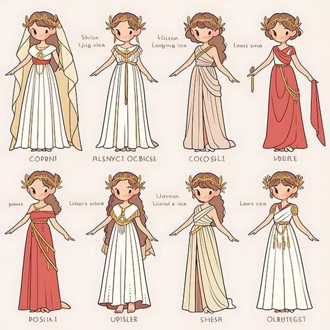 Greek Mythology Clothes Drawing, Goddess Outfit Drawing Reference, Norse Mythology Outfit, Greek Goddess Clothes Drawing, Ancient Greece Concept Art, Toga Greek Goddess, Greek Outfit Design, Greek Clothing Drawing, Roman Empress Aesthetic