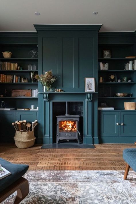 Melanie Jade Design Dark Teal Furniture, Dark Teal Fireplace Wall, Teal Snug Room, Dark Teal Feature Wall Living Room, Dark Teal Home Decor, Teal Bookcase, Dark Teal Library, Teal Wainscoting, Dark Blue Green Living Room