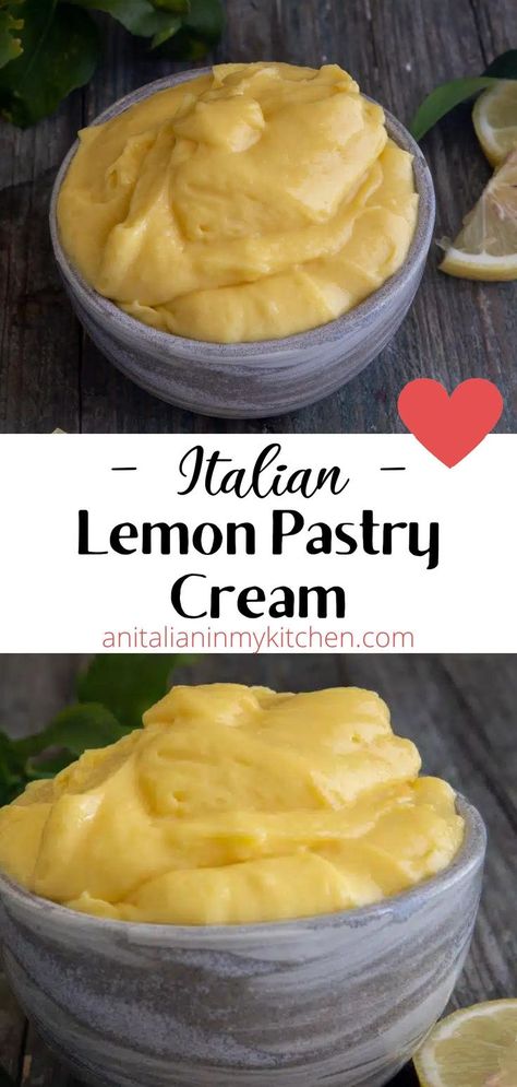 Smooth and creamy Italian lemon pastry cream is made with egg yolks, milk, sugar and flour and flavored with lemon. Rich and thick, crema pasticcera is used in many Italian desserts from cakes, to doughnuts, to tarts! Sweet and velvety Italian lemon pastry cream is incredible! Called crema pasticcera in Italy or crème pâtissière in French, it is an essential filling in many Italian desserts including bombolini (Italian doughnuts) and this lemon cake. Lemon Pastry Cream, Italian Pastry Cream, Lemon Pastry, Lemon Cake Filling, Cream Filling Recipe, Lemon Cream Cake, Pastry Cream Recipe, Pastry Cream Filling, Cake Filling Recipes