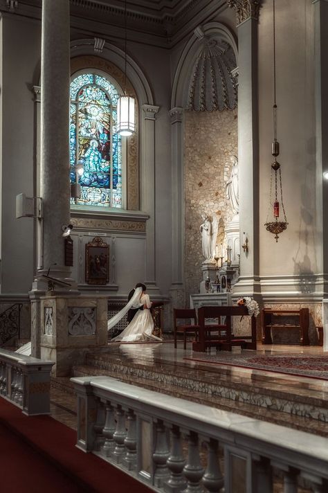 Traditional Marriage Aesthetic, Catholic Church Wedding Aesthetic, Wedding Ideas Catholic, Catholic Wedding Ring, Little Church Wedding, Marriage Alter, Catholic Wedding Reception, Small Catholic Wedding, Traditional Catholic Wedding Dress