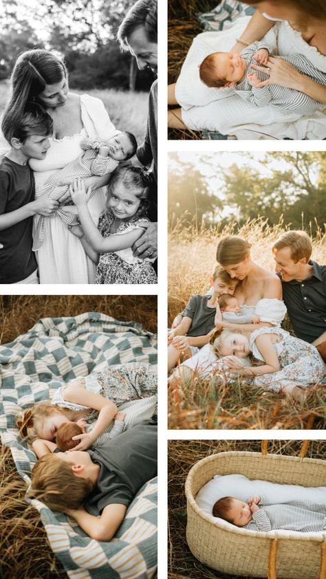 Outside Infant Photography, Outdoor Pictures With Newborn, Family Of 5 Photoshoot With Newborn, Field Newborn Pictures, Vintage Style Family Photos, Summer Newborn Family Pictures, Newborn Family Session Outdoor, Newborn Pics Outside, Family Session With Newborn Outdoors