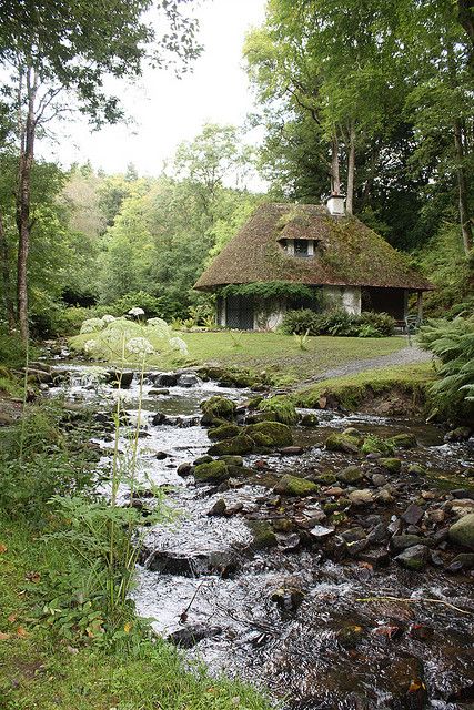 How beautiful, like a scene from a Thomas Hardy novel.  How I would love to spend some time here, hear the brook and walk along it and watch the kingfishers ... Stone Cottage With Porch, Irish Home Exterior, Connecticut Cottage, Cozy Cottage In The Woods, Medieval Cottage, House In The Forest, Scenic Nature, Woodland Cottage, A Small House