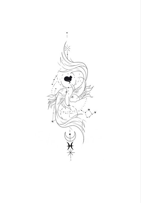 Koi Fish Zodiac Tattoo, Koi Fish Constellation Tattoo, Pisces Fish Tattoo Designs, Pisces Design Tattoo, Aesthetic Koi Fish Tattoo, Pices Tattoo Fish, Pisces Tattoo Outline, Gemini Fish Tattoo, Pisces Patchwork Tattoo