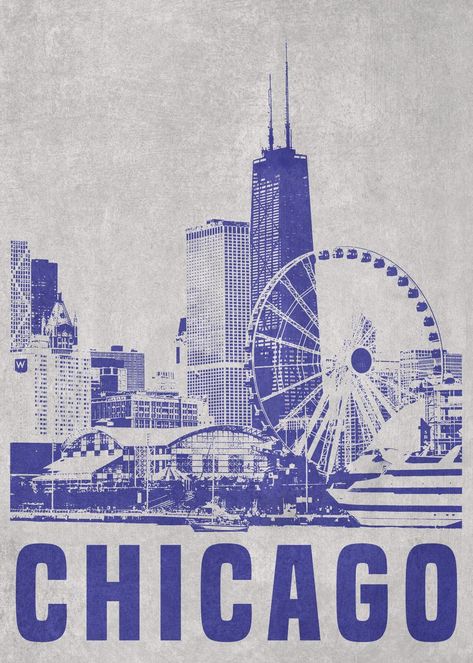 'Chicago' Poster, picture, metal print, paint by denvector | Displate Chicago Astethic Wallpaper, Travel Prints Gallery Wall, Vintage Chicago Poster, Chicago Stickers, Chicago City Aesthetic, Chicago Graphic Design, Chicago Art Print, Linen Board, City Collage