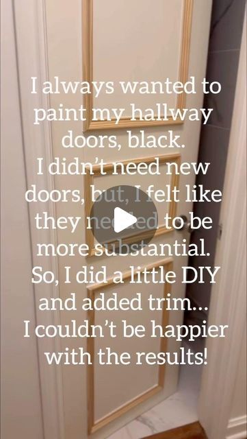 Lisa 🌷 on Instagram: "If you’ve been thinking about painting your hallway doors, black…This is your sign to do it.   I always wanted to paint my hallway doors, black. I didn’t need new doors, but, I felt like they needed to be  more substantial.  So, I did a little DIY and added trim…  I couldn’t be happier with the results!  it totally changed the entire dynamic of my hallway. I love it so much." Hallway Doors Black, Black Doors In Hallway, Hallway With Black Doors, Black Hallway Doors, Painted Hallway Doors, Paint Doors Black, Hallway Doors, Black Hallway, White Hallway