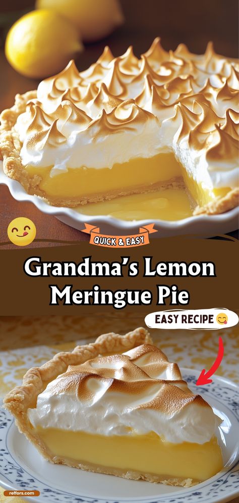 Relive cherished memories with Grandma’s Lemon Meringue Pie. This classic dessert features a zesty lemon filling topped with a fluffy, golden meringue, all nestled in a crisp crust. It’s a timeless recipe that continues to bring joy to family gatherings. #LemonMeringuePie #FamilyRecipe #ClassicDesserts Lemon Pie With Meringue, Best Lemon Meringue Pie Recipe, Lemon Meringue Pie Recipes, Easy Merange Recipe, Pies With Meringue Topping, Easy Lemon Pie Filling Recipes, Coconut Meringue Pie Recipe, Recipes For Pies, Creme Pies Recipe