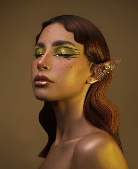 Fairy Makeup Editorial, Earth Elf Costume, Fey Makeup Looks, Fae Aesthetic Eye Makeup, Forest Makeup Looks, Forest Inspired Makeup, Mother Nature Makeup Looks, High Elf Makeup, High Fae Makeup