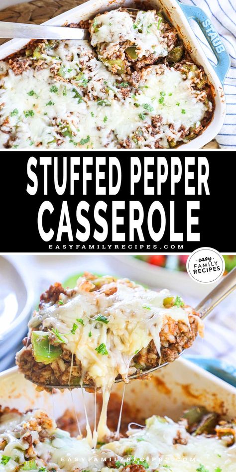 This is THE BEST easy casserole for dinner! This Baked Stuffed Pepper Casserole is kid friendly and super quick to make. It is filled with rice, ground beef, and sweet bell peppers all enveloped in a rich tomato sauce and topped with cheese. This easy dinner recipe for family will be a new favorite both because it is quick, AND because it is so delicious! This casserole also can make a great freezer meal and reheats well for meal prep. Healthy Ground Beef Casserole, Dinner Recipe For Family, Unstuffed Pepper Casserole, Chicken Broccoli Cheese Casserole, Baked Stuffed Peppers, Recipe For Family, Asian Steak Bites, Pepper Casserole, Stuffed Pepper Casserole