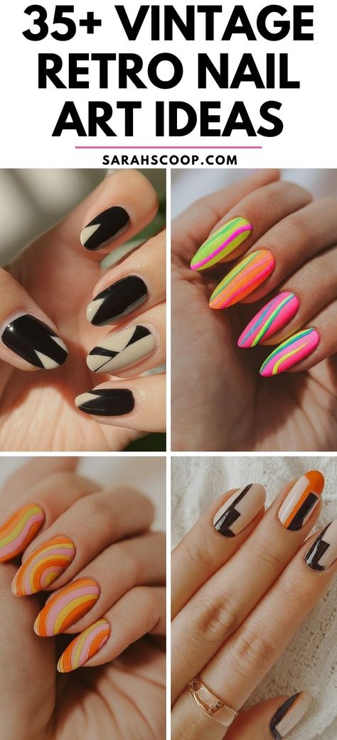 Add a touch of nostalgia to your nails with these vintage retro-style nail art designs. With over 35 unique ideas, you're sure to find something that will take you back in time. #VintageNailArt #RetroNails #NailArtIdeas Orange Retro Nails, Mcm Nails, 1970s Nails, Vintage Nails Design Retro, Retro Nail Designs, 70s Nails Retro, Retro Nail Art, Vintage Nail Art, 80s Nails