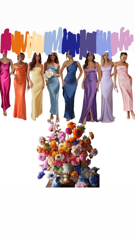 Spring Wedding Bridesmaids Dresses Different Colors, Wildflower Wedding Bridesmaid Dress, Bridesmaids Wear Whatever They Want, Bridemades Dresses Color, Fun Bridesmaid Dresses Color Schemes, Bridesmaids All Different Colors, Satin Bridesmaid Dresses Multi Color, Wildflower Wedding Guest Dress, Festive Wedding Dress Code