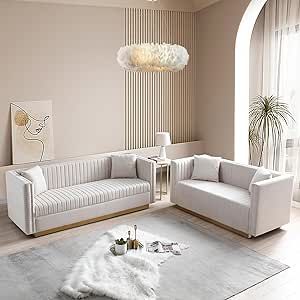 mikibama Luxury Velvet Sofa Set for Living Room, Modern Decor Furniture Channel Sofa Couch and Loveseat with Nailhead Gold Metal Legs and 4 Pillows for Bedroom, Hall (Beige) Living Room Modern Decor, Luxury Velvet Sofa, Sofa Set For Living Room, Velvet Sofa Set, Glam Living Room Decor, Contemporary Decor Living Room, Classy Living Room, Chic Sofa, Elegant Living Room Decor