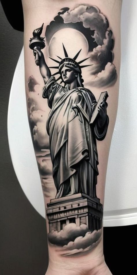 Statue of Liberty TATTOO DESIGN Liberty Statue Tattoo, Jett Tattoo, Statue Of Liberty Tattoo Design, Lady Liberty Tattoo, Liberty Tattoo Design, Statue Of Liberty Drawing, Statue Of Liberty Tattoo, Gangster Tattoo, Liberty Tattoo