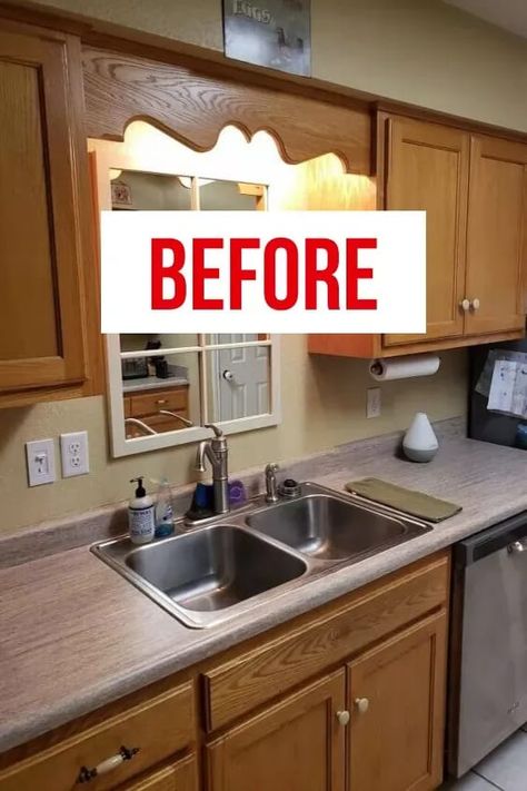 Check out this best kitchen cabinet makeover you can do for under $100. Beautiful wood kitchen cabinet upgrade for cheap. Diy Farmhouse Kitchen Makeover, Oak Kitchen Cabinet Redo, Kitchen Renovation Painted Cabinets, Budget Cabinet Makeover, Upgrading Kitchen On A Budget, Wall Color With Wood Cabinets, How To Refurbish Old Kitchen Cabinets, Trailer Kitchen Cabinets Makeover, Honey Cabinet Makeover