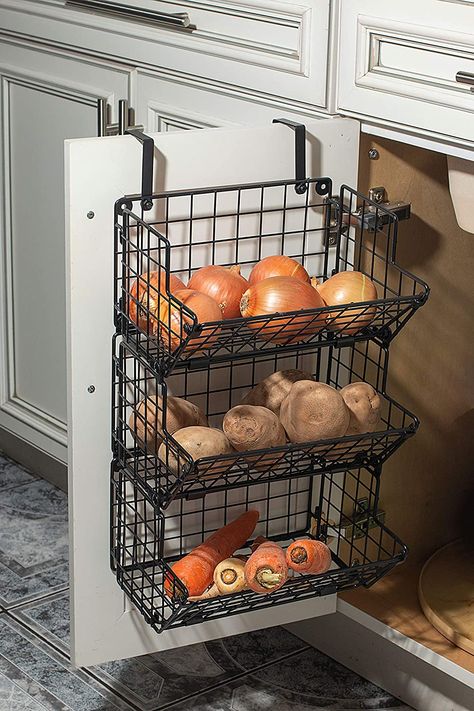 🍓 Under Sink Space Saver Triple Basket Compact design hanging fruit basket free space on countertop or walls; slanted panels for easy access fit inside cabinet ORIGINAL Z BASKET COLLECTION for hanging baskets 🍏 MULTIPURPOSE: Use as a produce holder in the kitchen, to store potatoes & onion in a dark cool place, for bathroom towels, pantry items, Dish washing detergent, brushes, gloves, hanging onion basket, kitchen produce storage Hanging Fruit Basket, Inside Cabinet, Laundry Cabinet, Onion Storage, Produce Storage, Hanging Fruit Baskets, Kitchen Storage Hacks, Kabinet Dapur, Inside Cabinets