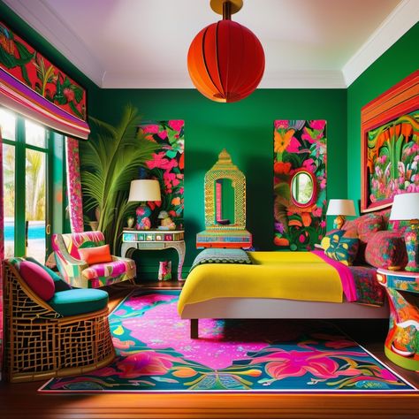 a brightly colored bedroom with bright furniture and decor Bright Maximalist Bedroom, White Bedroom Maximalist, Bright Color Bedroom, Floral Maximalist Bedroom, Bed Maximalist, Colorful Airbnb, Indian Style Bedroom, Colorful Maximalist Bedroom, Plant Bedroom Aesthetic Maximalist