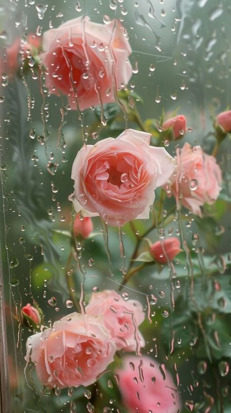 Rain scene with roses flower plant petal. | free image by rawpixel.com Rain Flower Wallpaper, Wet Flowers Aesthetic, Flowers In Rain, Roses Iphone Wallpaper, Flowers Aesthetic Roses, Iphone Wallpaper Nature, Flowers And Rain, Raining Flowers, Rainy Day Images