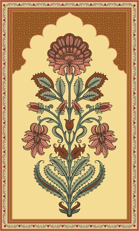 Mughal Floral Miniature Painting. Template for greeting card or invitation in oriental style. Mughal Art Motifs, Mughal Prints, Mughal Motifs, Ribbon Wallpaper, Plant Paintings, Wedding Illustration Card, Mughal Miniature Paintings, Art Motifs, Traditional Prints