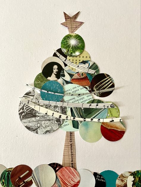 Christmas card design using collage and vintage papers. Collaged Christmas Cards, Collage Trees Art, Collage Christmas Cards Handmade, Collage Christmas Ornaments, Christmas Card With Ornament, Paper Collage Christmas Card, Scrapbook Christmas Cards Ideas, What To Do With Scrap Paper, Popup Christmas Cards Diy