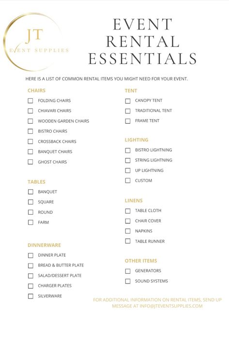 Hosting an event can be very challenging. We've put together a list of common rentals needed for an event. If you want more information, please reach out to us. #HappyEventPlanning #EventRentals #TableandChairs Events Planning Ideas, Organizing Event Supplies, How To Start Event Decorating Business, Party Rental Space Ideas, Wedding Event List, Event Planner Services List, Event Equipment Rental, How To Start An Event Rental Business, How To Plan An Event