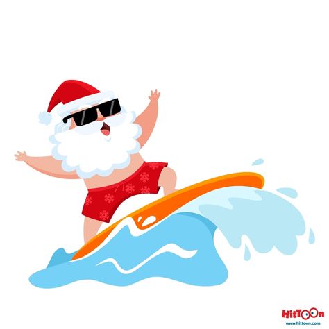 Surfing Santa Drawing, Summer Santa Claus, Embroidery Clipart, Surfing Christmas, Advent Windows, Tropical Santa, Santa Claus Cartoon, Beach Cartoon, Character Comic