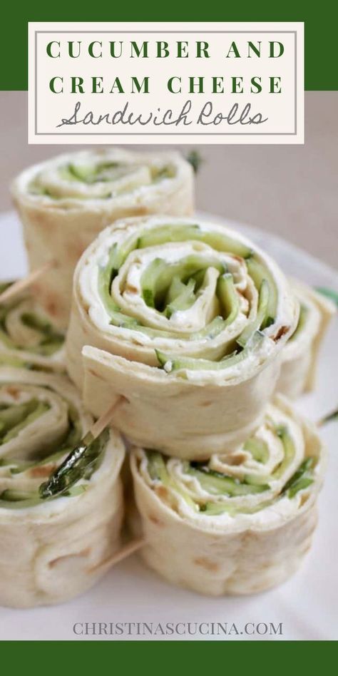 Quick and easy Cucumber and Cream Cheese Sandwich Rolls, perfect for lunch boxes and picnics! #pinwheels #sandwiches #easyfood Cucumber And Cream Cheese, Cucumber Cream Cheese Sandwiches, Cream Cheese Sandwich, Sandwich Rolls, Cream Cheese Sandwiches, Pinwheel Recipes, Tea Party Food, Cucumber Recipes, Buffalo Chicken Dip