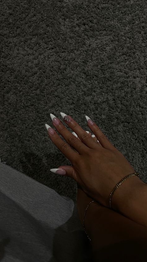 french tip, long almond Deep White French Tip Nails Almond, Long Oval French Tip Nails With Design, Pointy Almond Nails Long, Long French Almond Nails, Short Medium Almond Nails, Thick French Tip Nails Almond, Solid Almond Nails, Slanted French Tip Nails, Low French Tip Nails