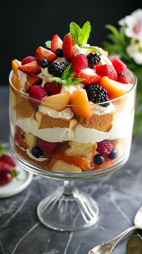 Fruity Trifle Desserts, Fruit Truffle Bowl Angel Food Cake, Fresh Fruit Trifle, Traditional Trifle Recipes, Fruit Trifle Desserts Easy, Summer Christmas Desserts, Trifle Bowl Ideas, Winter Fruit Desserts, Savory Trifle