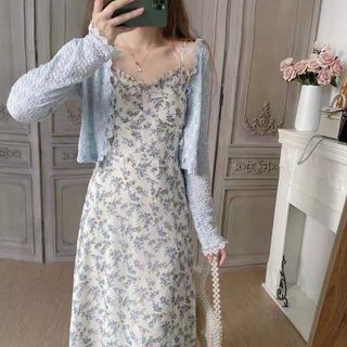 Shinobu - Square-Neck Floral Midi Dress | YesStyle Korean Long Dress, Long Dress Elegant, Trendy Cardigans, Long Dresses Elegant, Womens Dress Suits, Sleeveless Dresses, Dresses Blue, Korean Dress, Blue Floral Print