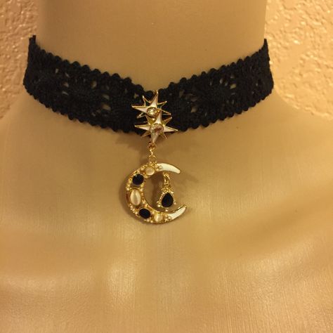 This Star And Crescent Moon Celestial Choker Is A Wonderful Addition To Your Wardrobe And Your Style! A Fun And Unique Piece! Star Related Outfits, Moon And Star Accessories, Celestial Theme Outfit, Space Themed Accessories, Moon Themed Clothes, Starry Accessories, Celestial Corset, Astrology Accessories, Celestial Accessories