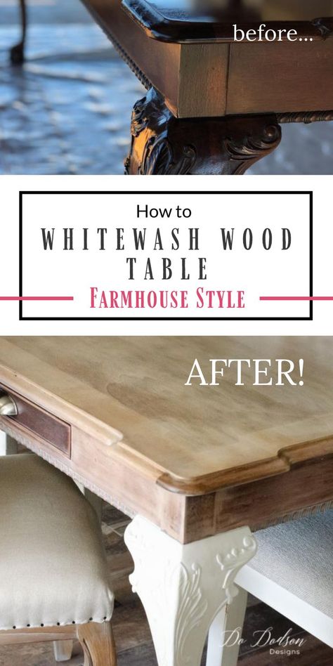 WOWZER! Look at the farmhouse beauty I discovered underneath. I never dreamed that my family heirloom wood table would look like this! It was dark and dreary but I couldn't get rid of it. So, I used a whitewash technique after stripping it down.   #dododsondesigns #whitewashtable #whitewash #tablemakeover How To Refinish Dark Wood Furniture, Refurbish Dining Room Table Wood, Bleached Wood Buffet Table, Restained Wood Dining Table, White Furniture With Dark Wood Top, Refinish Table Top Wood, Whitewash Wood Table, Whitewash Table Diy, Whitewash Dark Wood Furniture