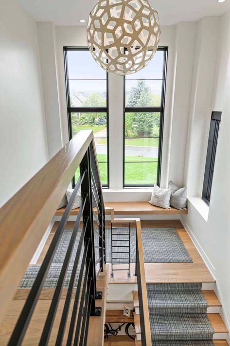 Dream Home Tour: A beautiful and inviting Tudor home in Minnesota Tudor Home, Stairs Window, Window Seat Design, Custom Railing, Stairs Design Modern, Built In Seating, Home Stairs Design, Modern Stairs, Interior Stairs