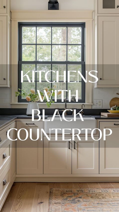 INTERIOR DESIGN STUDIO | By popular demand - kitchen ideas with black countertops! 🖤 Check out our latest reel showcasing some of the hottest and most intriguing… | Instagram Black Kitchen Countertops Beige Cabinets, Cabinet Paint Colors With Black Granite, Cozy Kitchen Black Counter, Black Countertop Painted Cabinets, Kitchen Cabinet Color With Black Granite, Black Cambria Quartz Countertops, Dark Neutral Kitchen Ideas, Taupe Kitchen With Black Countertops, Tan Cabinets With Black Countertops