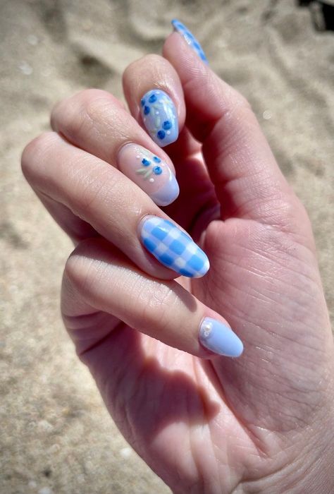 Check out these 35+ blue nail designs that are super cute! blue nails, baby blue nails, baby nail art, baby blue nail insp, baby blue nail inspiration, cute baby blue nail designs Blue Cinderella Nails, Blueberry Nails Art, Simple Nail Art Designs For Beginners Short Nails, Blue Gingham Nails, Gingham Nail Art, Blueberry Nail Art, Nail Art For Long Nails, Nails Design Blue, Ongles Baby Blue