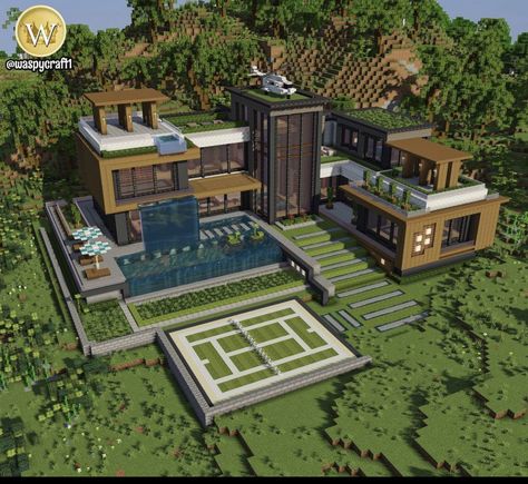 Minecraft Hotel Lobby Ideas, Minecraft Beautiful Builds, Modern Mountain Home Minecraft, Mincraft Idea Houses Mansion, Barndominium Minecraft, Minecraft Modern Ideas, Modern Cabin Minecraft, Mansions Minecraft, Mincraft Mansions Ideas House