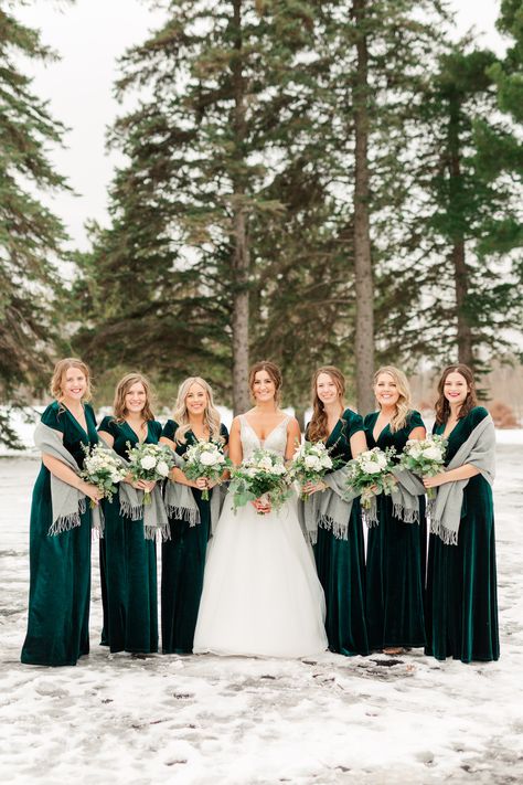 Emerald green velvet bridesmaids dresses, winter wedding color palette, emerald wedding dresses, velvet bridesmaid dress Emerald Green Velvet Bridesmaid Dress, Bridesmaid Dress Colors Winter, Winter Themed Bridesmaid Dresses, Velvet Green Bridesmaid Dresses Winter, Bridesmaid Dresses December Wedding, Winter Velvet Wedding Dress, Dark Green Christmas Wedding Theme, Bridesmaids Dresses Velvet, Winter Emerald Green Bridesmaid Dresses