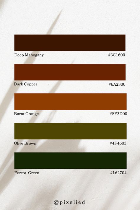 This earthy color palette features deep, rich tones that evoke a sense of warmth and nature. It includes the dark, luxurious hues of deep mahogany and dark copper, the bold burnt orange, the subtle olive brown, and the grounding dark forest green. Perfect for creating a cozy and sophisticated atmosphere. Brick Orange Color Palette, Room Ideas Aesthetic Burnt Orange, Earth Tone Color Palette Green, Orange Earth Tones, Clay And Green Color Palette, Copper Green Color Palette, Brown Orange Green Color Palette, Copper Color Combinations, Rust Green Color Scheme