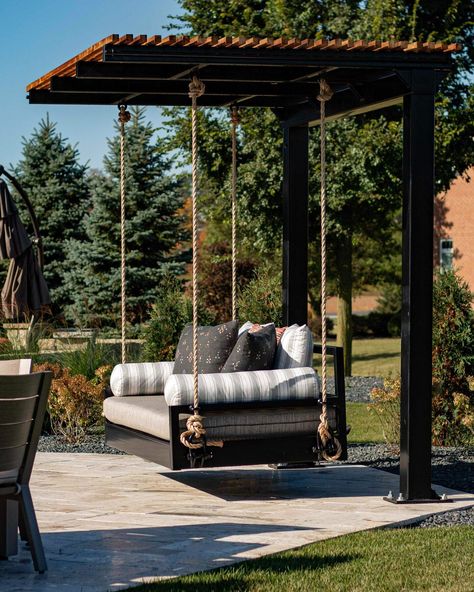 swinging into the new week with new ideas and fresh eyes. 🌞 Swings By Pool, Pergola Ideas With Swings, Patio Swings Ideas, Backyard Swings For Adults, Outdoor Swings For Adults Backyards, Daybed Swings Outdoor, Swings Around Fire Pit, Swing Pergola Ideas, Backyard Summer Ideas