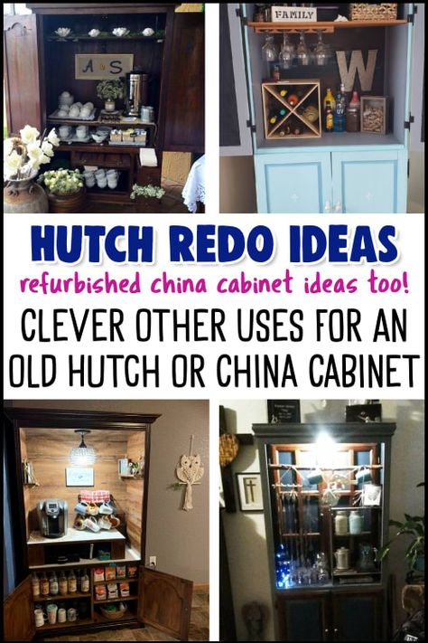 Other Uses For Dining Room, Hutch Makeover Coffee Bar, China Cabinet Ideas, Old Hutch Makeover Ideas, Hutch Cabinets, Repurposed China Cabinet, Coffee Bar Hutch, Hutch Redo, China Hutch Makeover