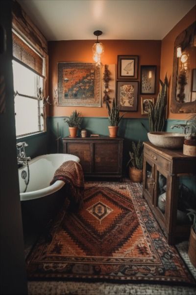 western boho bathroom Colorful Bohemian Bathroom, Boho Rustic Cabin, Cute Western Bathroom Ideas, Western Style House Interiors, Southwest Home Interior Design, Boho And Farmhouse Decor, Boho Bathroom Shower Ideas, Witchy Western Aesthetic Home, Western Ranch House Aesthetic