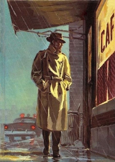 Film Noir Detective in the Rain Arte Jazz, Arte Pulp, Noir Detective, Detective Aesthetic, Pulp Fiction Art, Arte Peculiar, Art Noir, Pulp Art, Man Standing